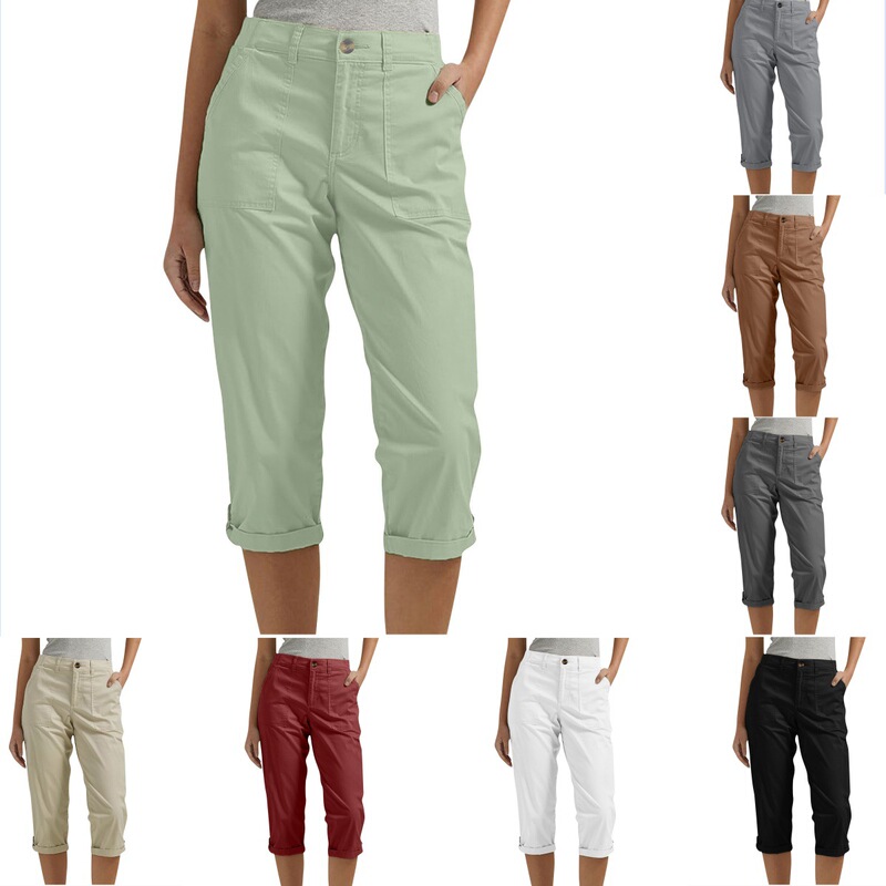 Amazon Cross-border Women's Solid Color Workwear Pants Waist Button Pants Ear Design Pants Leg Curled Women's Cropped Pants