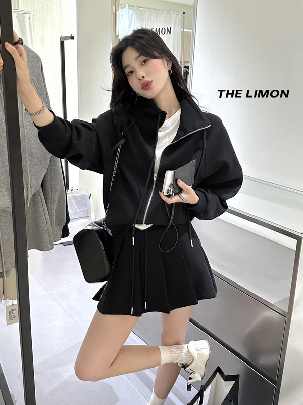THE LIMON柠檬绿茶秋季连帽拉链卫衣外套加抽绳a字半身裙两件套女|undefined