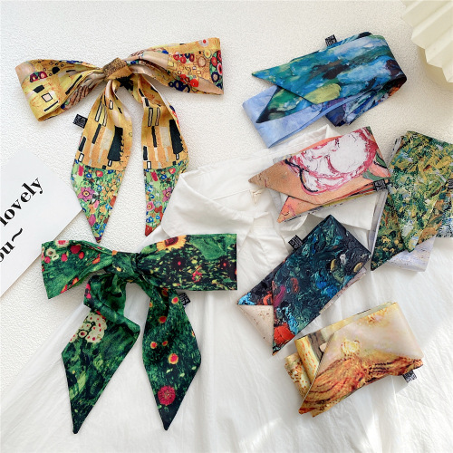 Oil painting art small ribbon small silk scarf women's spring and summer narrow fashion hairband hair tie bag decoration long scarf