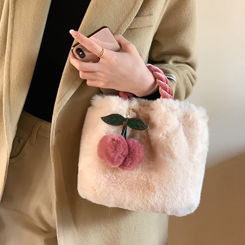 Cute Cherry Girl Plush Handbag Women Korean Style New Autumn and Winter Furry Shoulder Messenger Bag