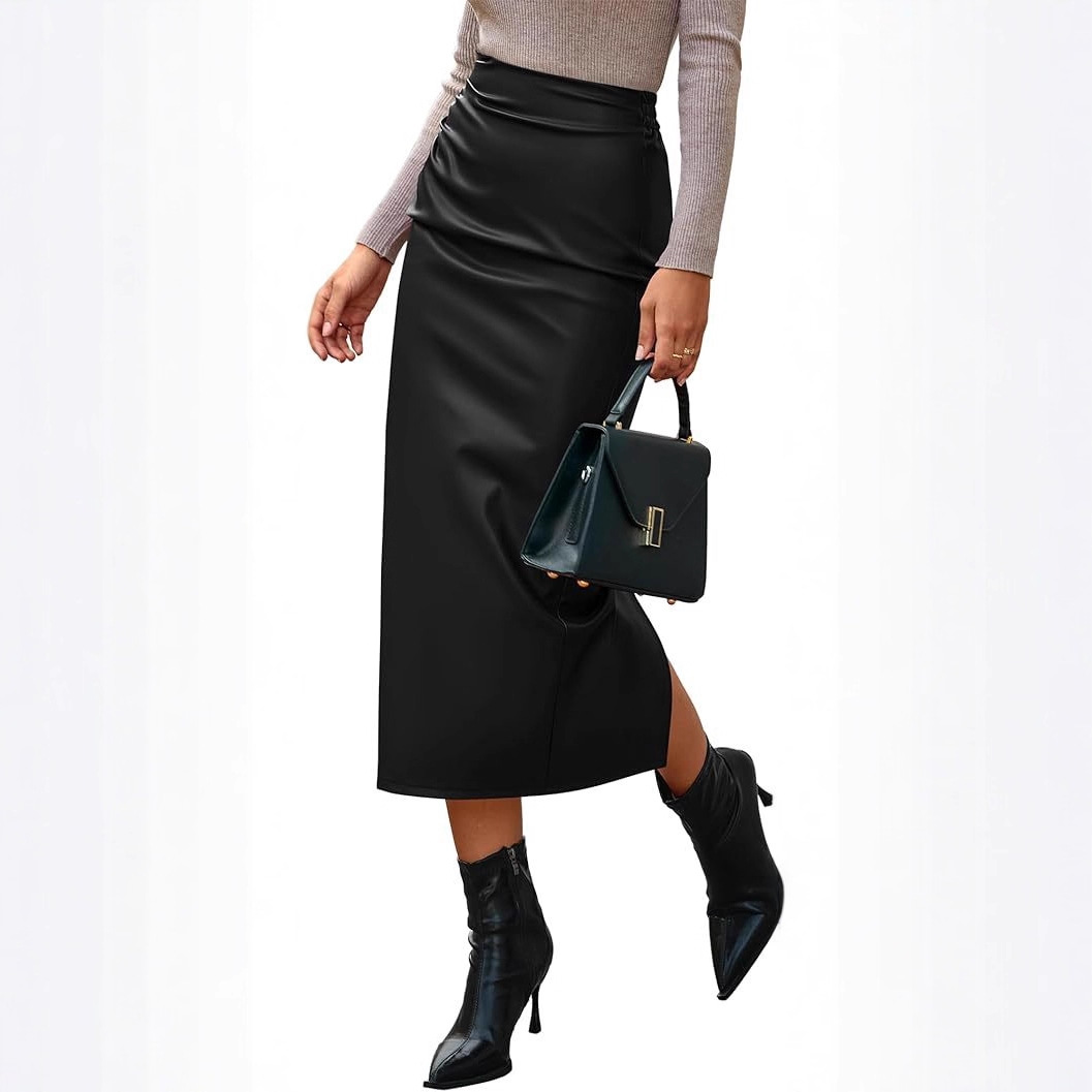 2025 European and American Cross-Border Autumn and Winter Women's Leather Skirt, Amazon's Best-Selling High-Waisted Slit Hip-Hugging Elegant Skirt