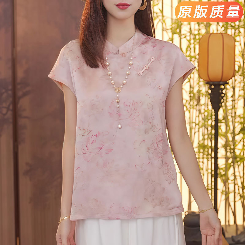 真丝国风上衣新中式斜襟盘扣提花短袖小衫改良立领桑蚕丝衬衫女夏|undefined