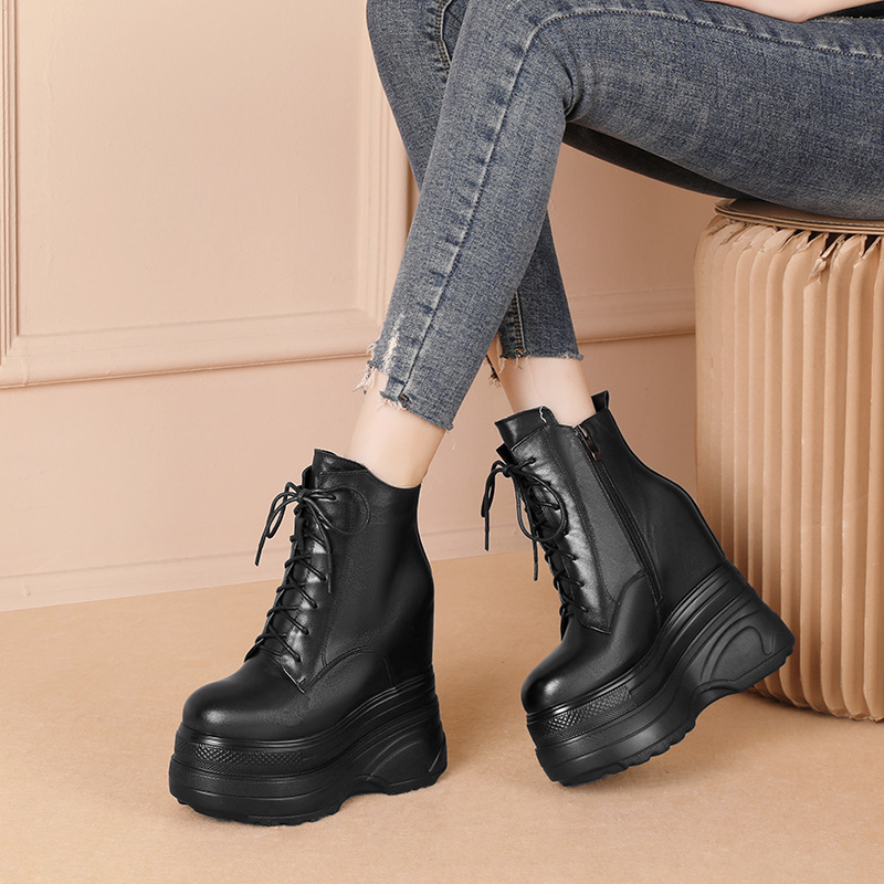 Boot nữ đế dày cao gót 16cm dây buộc chống trượt phong cách Martin — Lót nhung đen