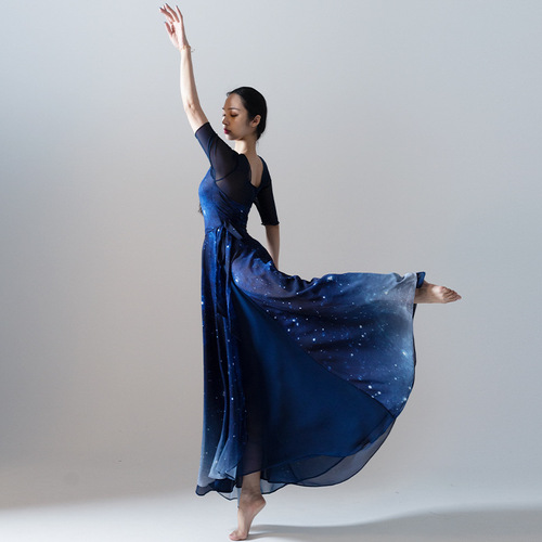  Summer Starry Sky Gradient Chiffon Dance Suit for Women Starry Blue Large Skirt Elegant Modern Dance Suit