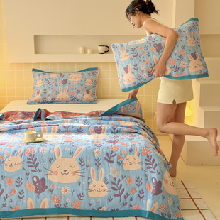 2025 New Yunrou Pure Cotton Three-layer Gauze Towel Quilt Household Yarn-dyed Jacquard Colored Cotton Three-piece Casual Cover Blanket