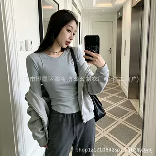 9701冬季德绒拼接女士打底德绒拼接U型下摆修身显瘦拼接打底长袖