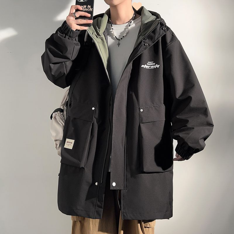 (2개) 툴링 후드 자켓 남자의 가을과 겨울 새로운 기모 두꺼운 느슨한 재킷 초대형 중간 길이 탑