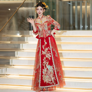 Summer High-End Xiuhe Suit 2025 New Bride Wedding Dress with Raised Shoulders, Phoenix Crown, and Dragon and Phoenix Robe with Heavy Embroidery, Toast Gown