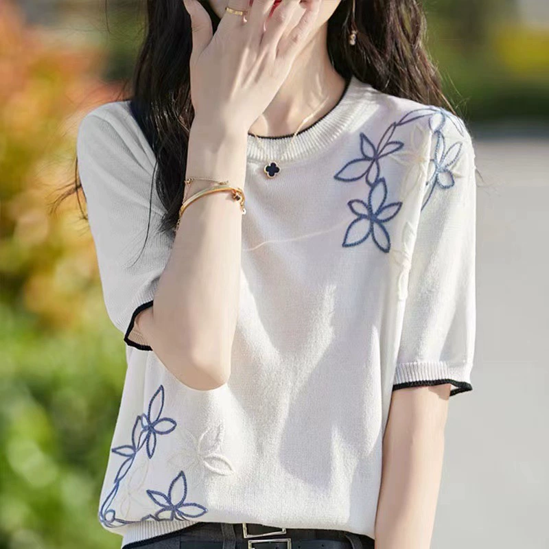 Женская футболка из тонкого ледяного шелка в французском стиле, трикотажная, жаккардовая, с коротким рукавом, модная и элегантная, с круглым вырезом, стандартным кроем, полурукав, лето 2025