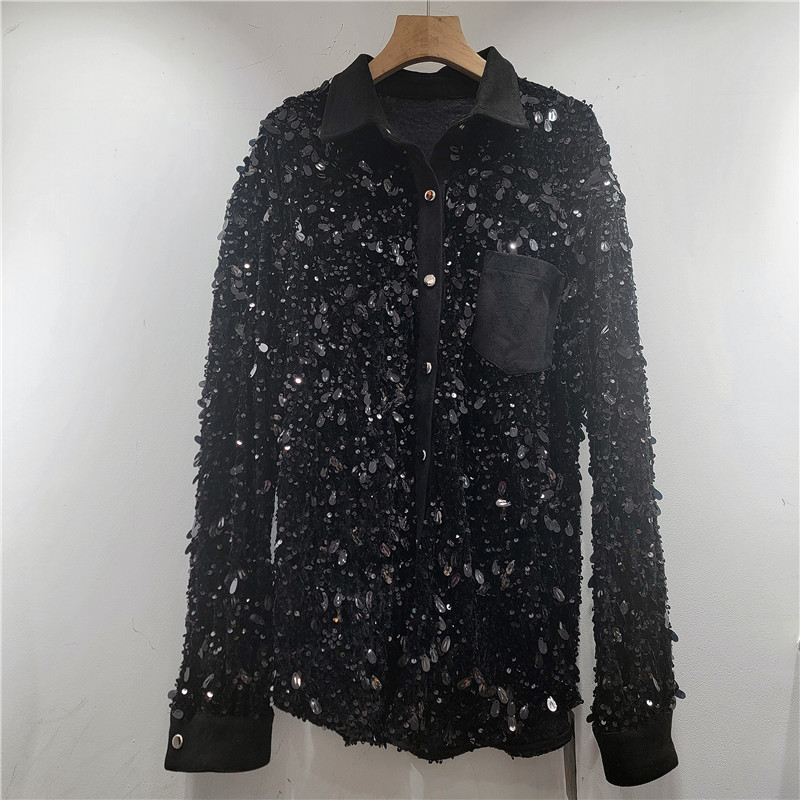 Diseño de cuentas de lentejuelas de estilo europeo y americano camisa de nicho avanzada moda relajada camisa casual moda femenina