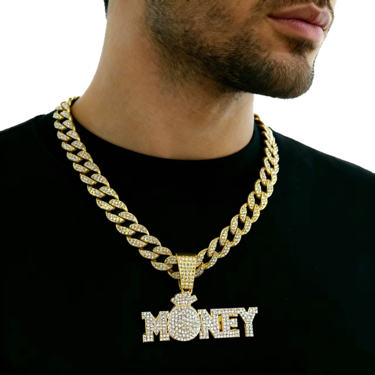 Letras hip hop transfronterizas MONEY colgante de aleación de diamantes de moda europea y americana collar de personalidad de cadena cubana fabricantes al por mayor image 6
