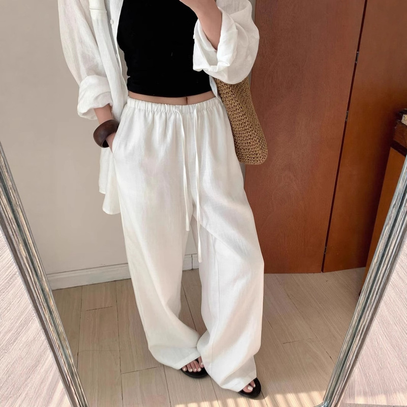 Relaxed Tencel Linen Wide-Leg Pants for Women, Summer White Thin Drawstring High-Waist Slimming Straight Casual Floor-Length Pants