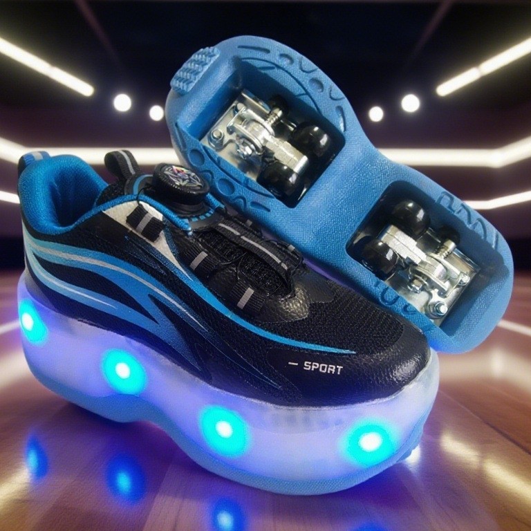 Factory-Made Mesh Fly-Knit Led Four-Wheel Children's Unisex Flying Shoes with Automatic Rotating Button and Glowing Features
