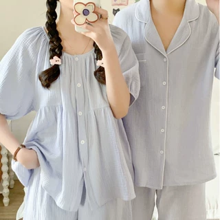 韩国ins女士夏季新款情侣睡衣韩版宽松纯色短袖休闲家居服套装女