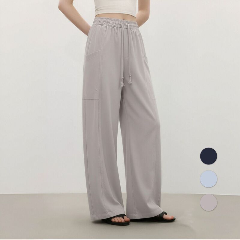 0336 Elastic Waist Drawstring Double Pocket Curved Hem Pants Solid Color Casual Pants Loose Slimming Wide Leg Pants