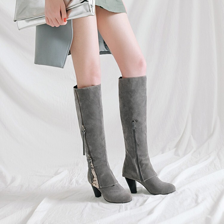 40-44 Coffee Rain Foreign Trade Cross-border Amazon Thick High-heeled Women's Round Head High Boots Knee-high Boots W361