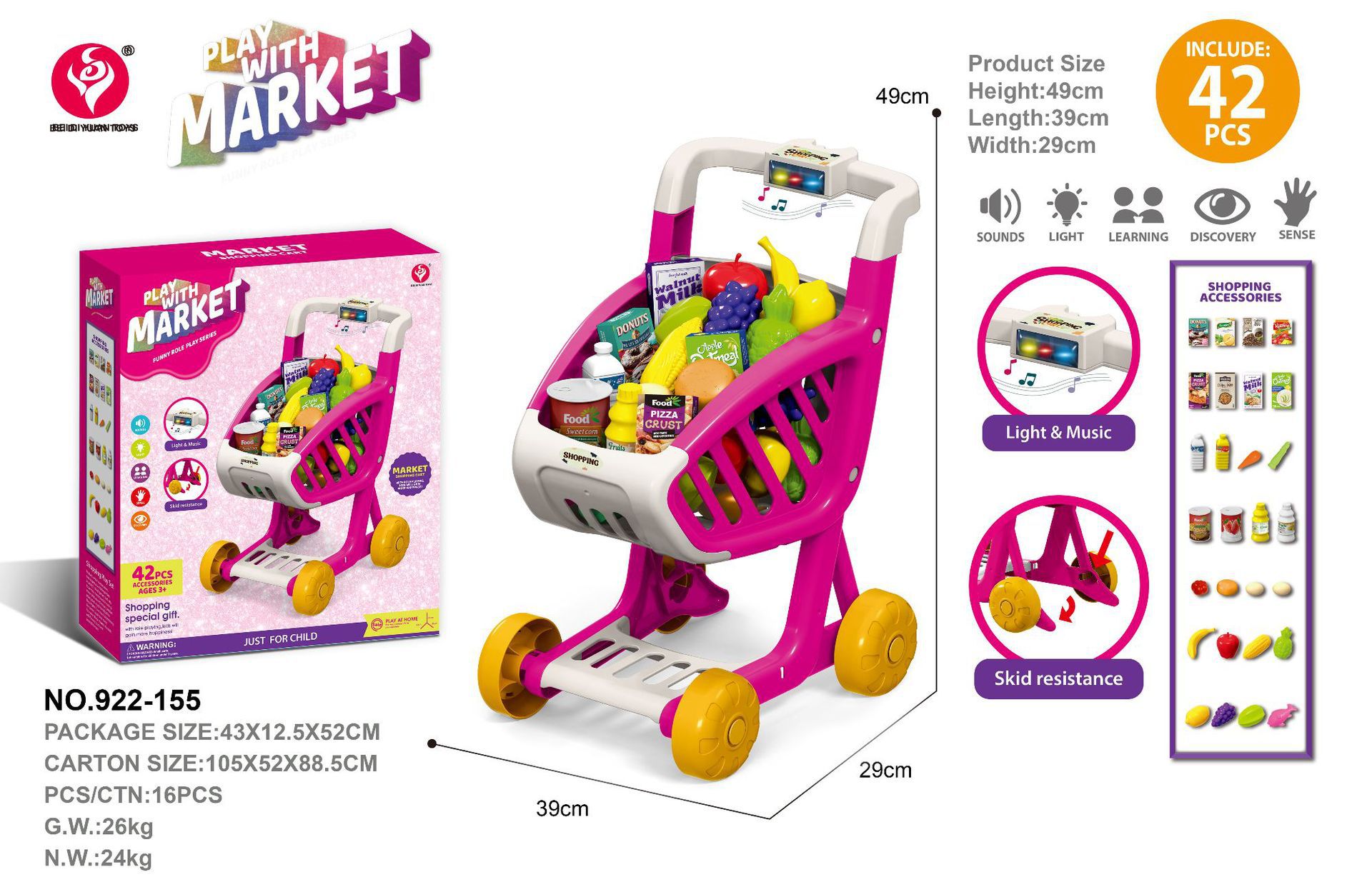 Simulación infantil transfronteriza iluminación de la casa, música, carrito de compras, juegos de supermercado de frutas, carrito de juguetes