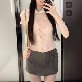 法式甜美粉色娃娃领针织衫短袖女夏季温柔风时尚洋气百搭小众上衣