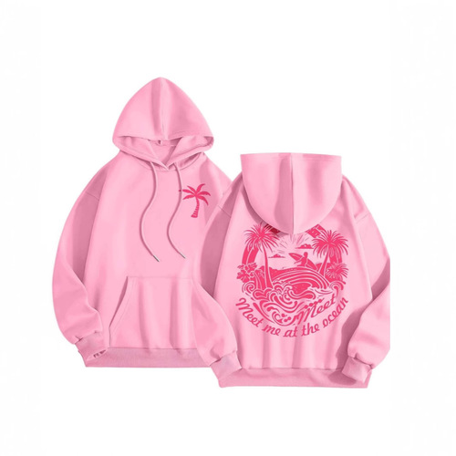 2025 Spring and Autumn Fleece Women's Hooded Sweatshirt with Ribbed Cuffs and Hem, Loose and Warm Hooded Sweatshirt for Women with Print