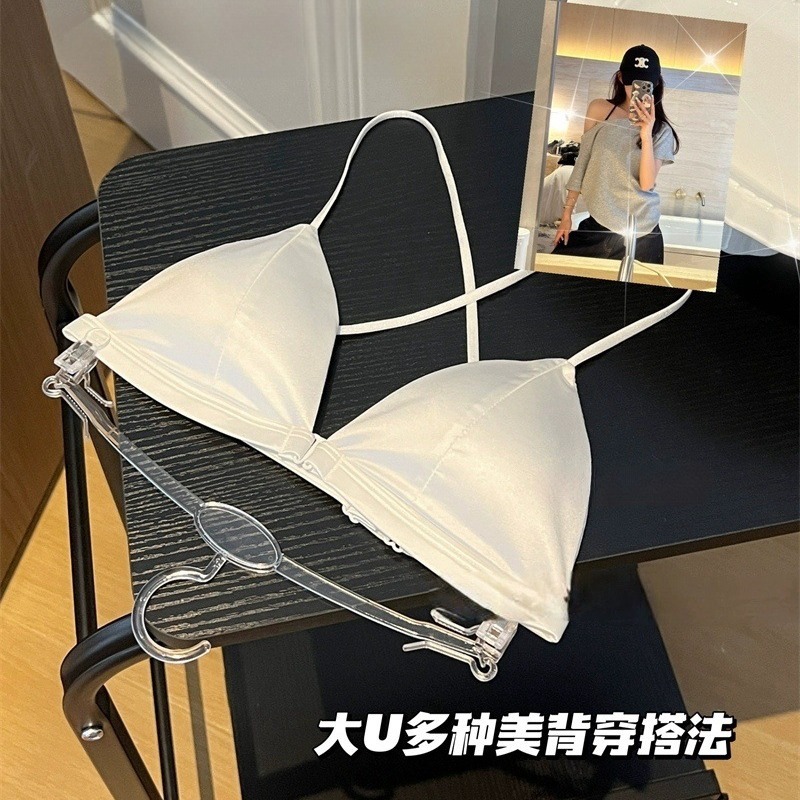 Slanted shoulder strap well-matched French-style women's bra thin style big bust look smaller thin straps front clasp beauty back triangle cup bra