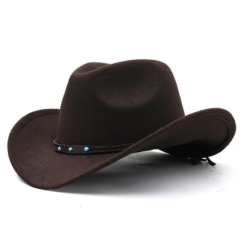 Cappello unisex semplice deformato cappello jazz in lana cappello a cilindro blu turchese cintura tinta unita cappello da cowboy western_voghion.com