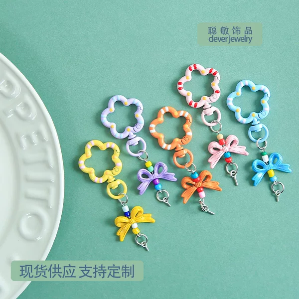 New Candy-Colored Flower Ribbon Bow Spring Clasp Handmade Bead Material Jewelry Pendant Wholesale