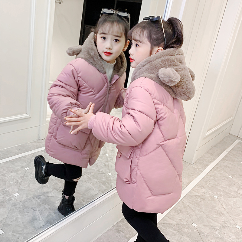 New 2023 Winter Girls' Cotton Jacket Korean Style for Older Children, Thick Medium-Length Children's Fleece Padded Bear Warm Cotton Coat