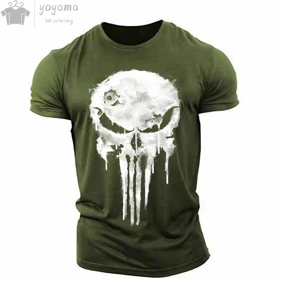 Moda venta caliente tinta calavera graffiti impresión 3D hombres verano calle moda hombro redondo cuello redondo camiseta de manga corta
