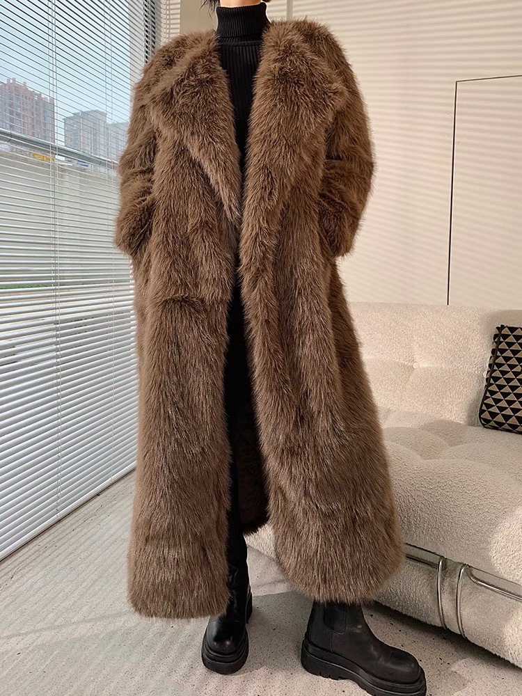 Women's Long Faux Fur Coat Solid Colour Korean Style Winter_voghion.com