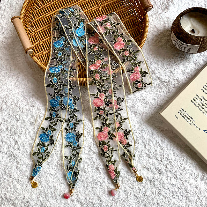 Pañuelo de seda, banda larga, sensación de alto nivel, temperamento de nicho, estilo étnico, bordado floral, bufanda de seda de encaje, cinta para el cabello de nuevo pañuelo en la cabeza