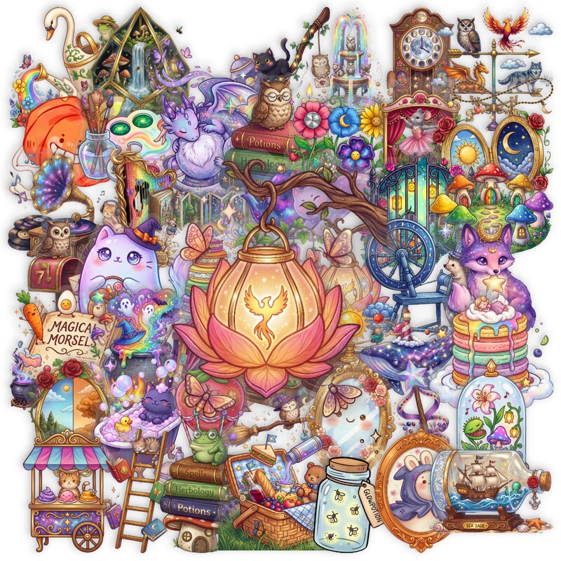 Cross-Border New Model 50 Pieces of Cross-Border Fantasy Magic Stickers Fairy Tale Style Fantasy Elf Witch Castle Transparent Waterproof Stickers