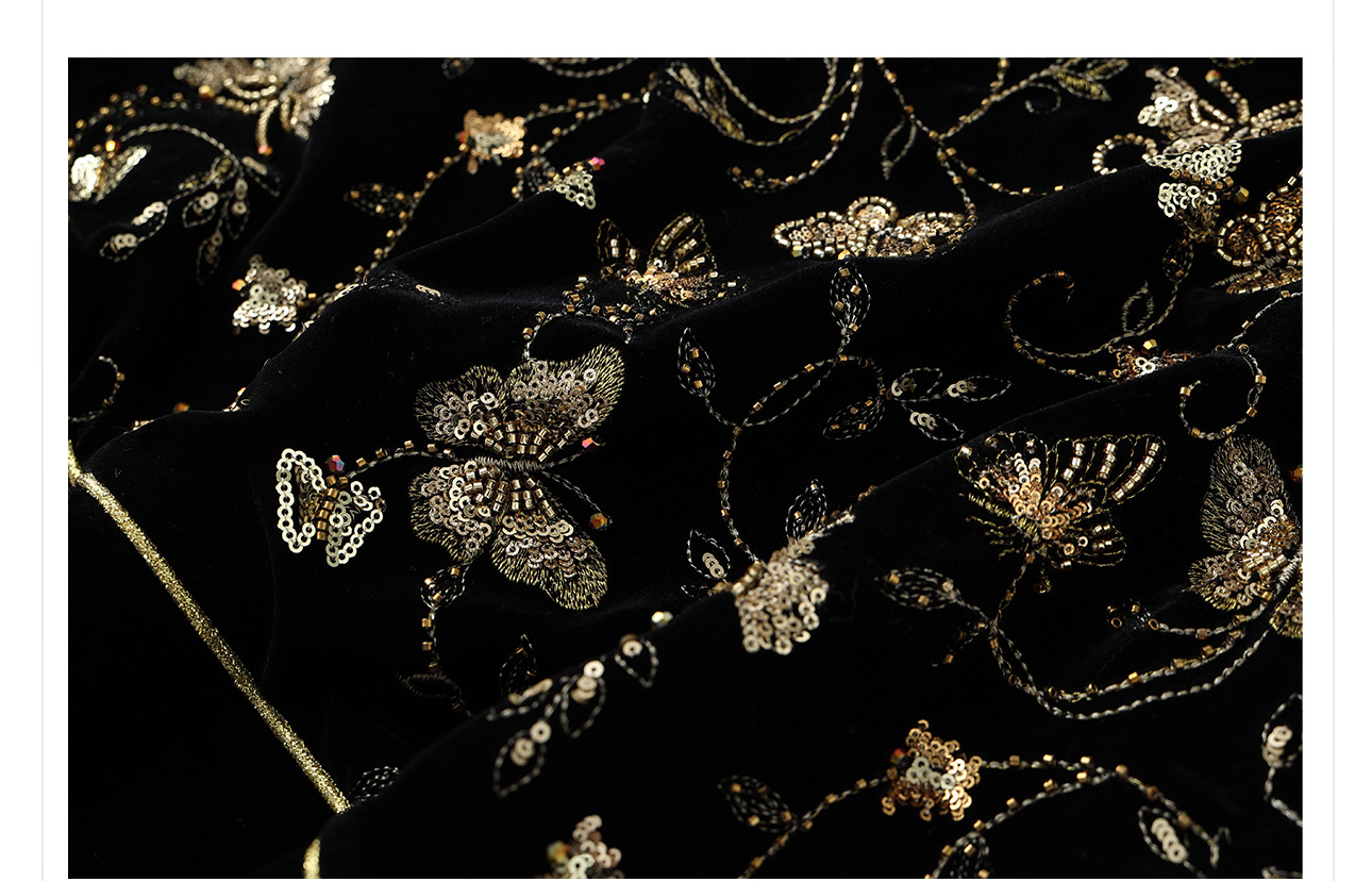 Bộ áo vest không tay thêu sequin đen vàng + chân váy nhung xẻ tà phong cách Trung Quốc mùa xuân hè — váy, áo vest chi tiết 20