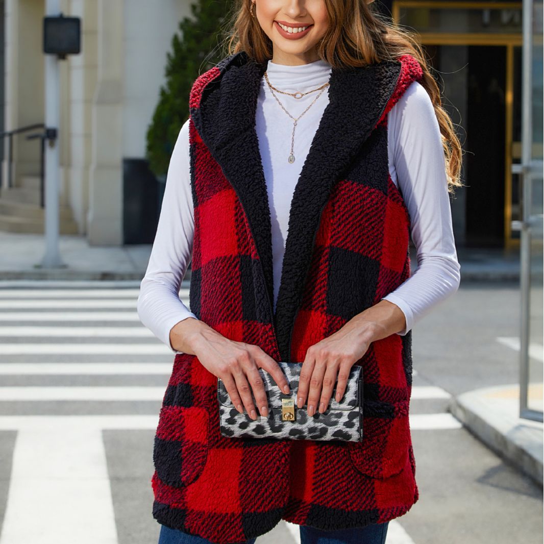 Flash terciopelo transfronterizo europeo y americano otoño ropa de mujer suelta moda con capucha hebilla cardigan Plaid Plush chaleco abrigo para mujeres