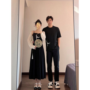 New Chinese Style National Style Embroidered Suspender Skirt Niche Two-Piece Dress Loose Short-Sleeved T-Shirt Men's Tops Couple Wear