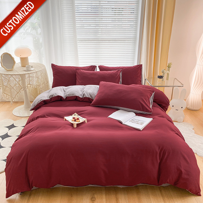 Juego de sábanas de algodón lavado cepillado de cuatro piezas, estilo primavera y otoño, color liso sencillo, juego de cama de alta gama, lujo personalizado al por mayor.