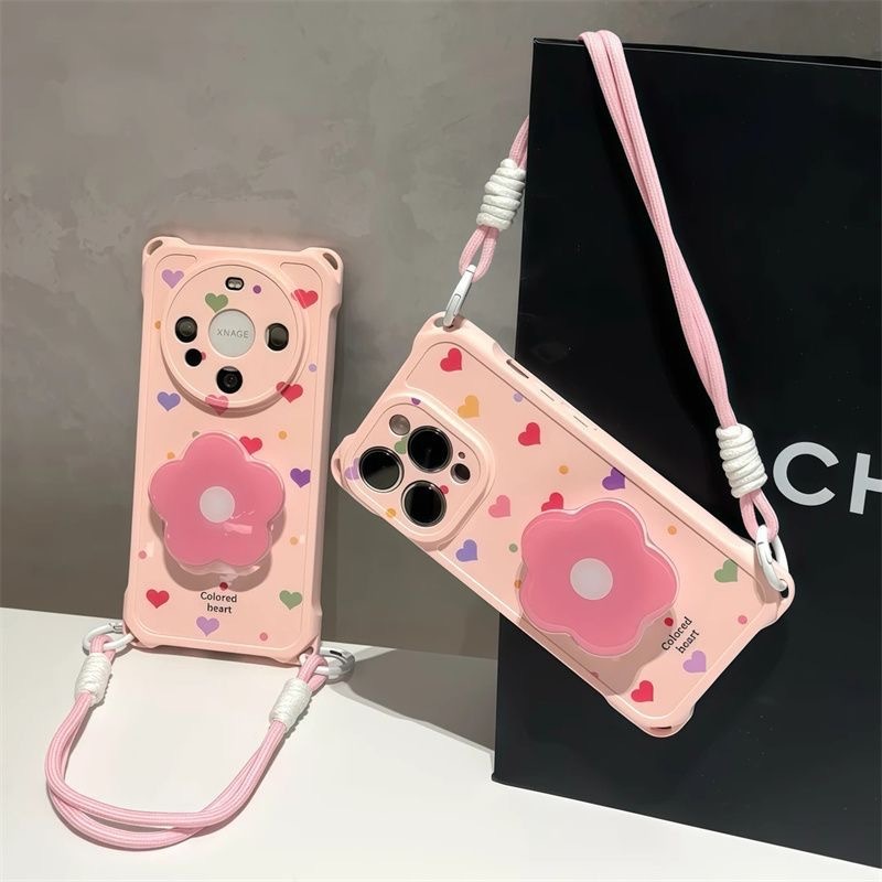 ins粉爱心花朵支架挂绳适用iPhone苹果16手机壳华为vivoppo小米15|undefined
