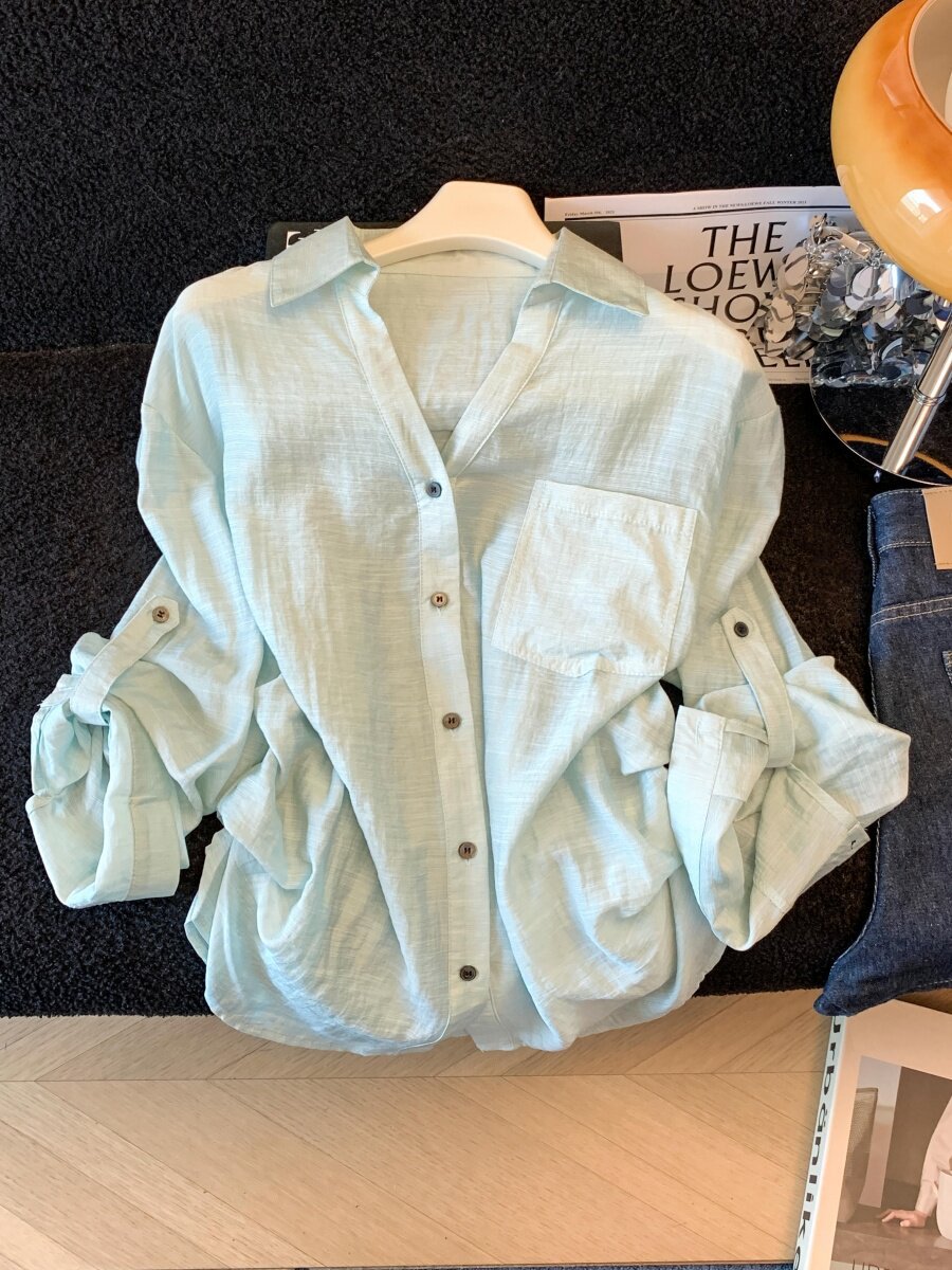 Áo sơ mi chống nắng nữ dài tay dáng rộng chất liệu linen thoáng mát — xanh lam chi tiết 6