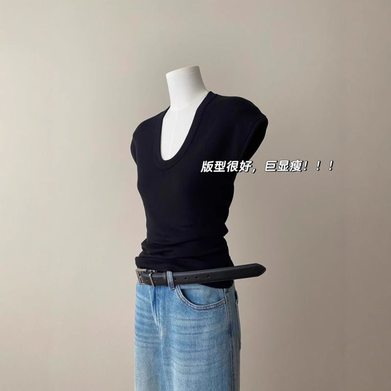ファッショナブルなUネッククールトップ2025夏新作スリムフィット薄型多用途右肩半袖Tシャツ女性用|undefined