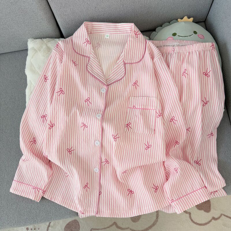 【Double Long Style】Cute Long-Sleeve Long-Pants Cartoon Cloud Cotton Cardigan Pajamas for Women, European Size, Suitable for Summer, Can Be Worn Outside, Two-Piece Set 【Double Long Style】Cute Long-Sleeve Long-Pants Cartoon Cloud Cotton Cardigan Pajamas for Women, European Size, Suitable for Summer, Can Be Worn Outside, Two-Piece Set