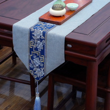 新中式桌旗棉麻刺绣流苏餐桌茶几亚麻麻布绣花长条桌布全棉巾定制