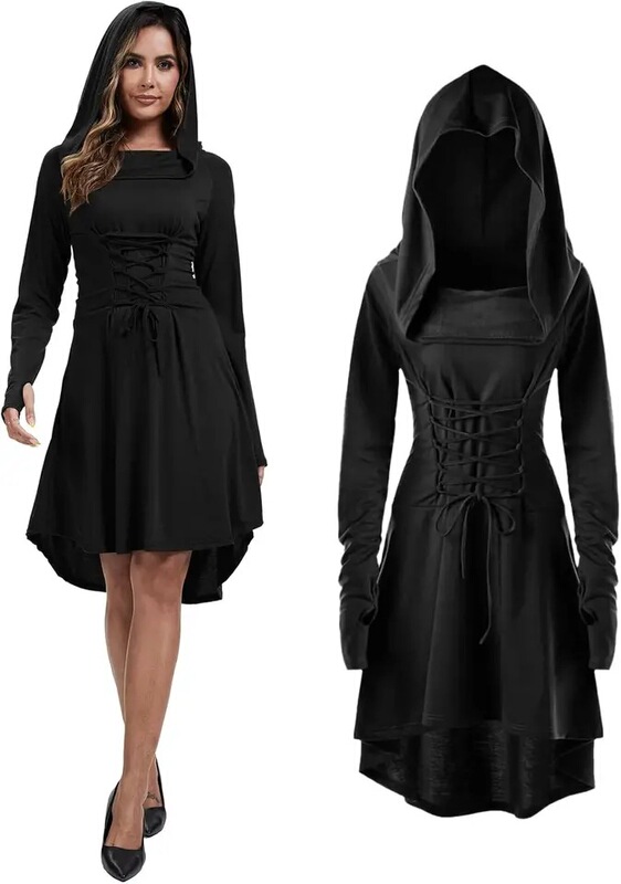 Women's Renaissance Costume Hooded Robe Lace Halloween Medieval High-Low Long Hooded Dress