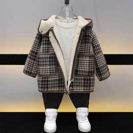 男童加绒呢子外套秋冬款2025新款男宝宝毛呢大衣儿童冬装加厚衣服