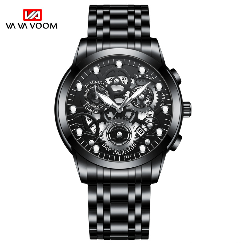 VAVA VOOM 2451 nuevo calendario falso Movimiento de cuarzo de tres ojos Reloj de correa de acero luminoso para hombres