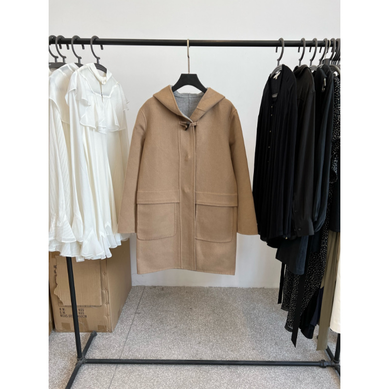 Tail single loose straight symmetrical double pocket design hooded mid-length wool coat