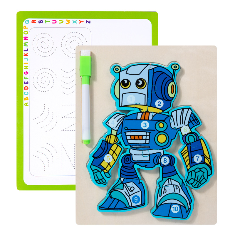 Juguetes de educación temprana de madera, rompecabezas de robots, tablero de dibujo, juguetes para niños, juguetes de rompecabezas de robots tridimensionales dos en uno