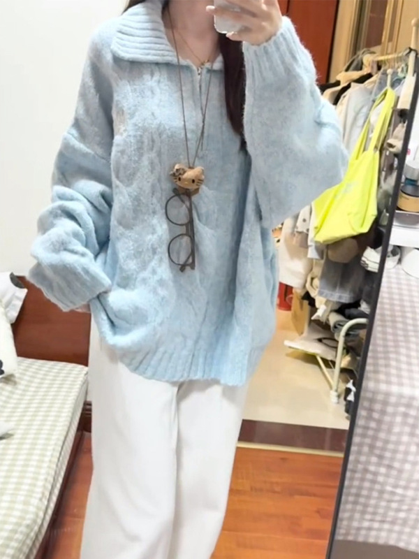 韩系慵懒风蓝色奶fufu毛衣女秋冬2025新款宽松加厚针织衫上衣秋季|undefined