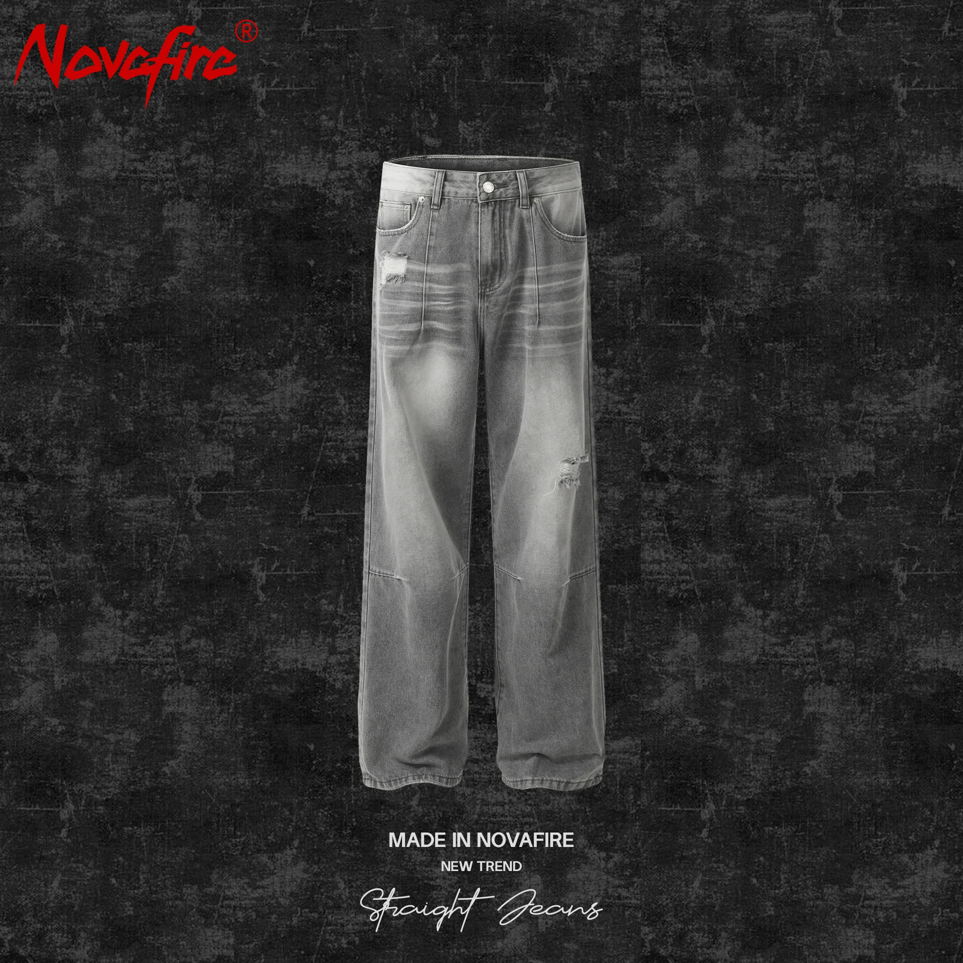 NOVAFIRE High Street, сильно выстиранные «старые» джинсы с эффектом котовых усов и потёртостями, рваные прямые джинсы унисекс, свободные брюки