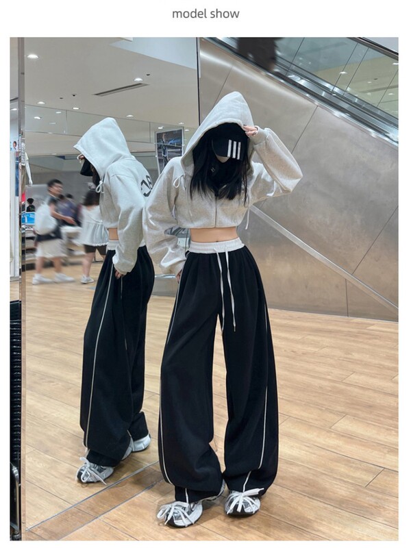 美式复古藏青色运动卫裤女春秋冬季新款宽松直筒休闲裤垂感阔腿裤|undefined