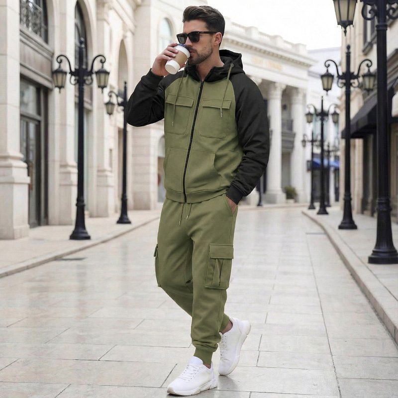 Cross-border foreign trade autumn and winter American-style fleece-lined casual sports multi-pocket cargo pants men's set for outdoor leisure