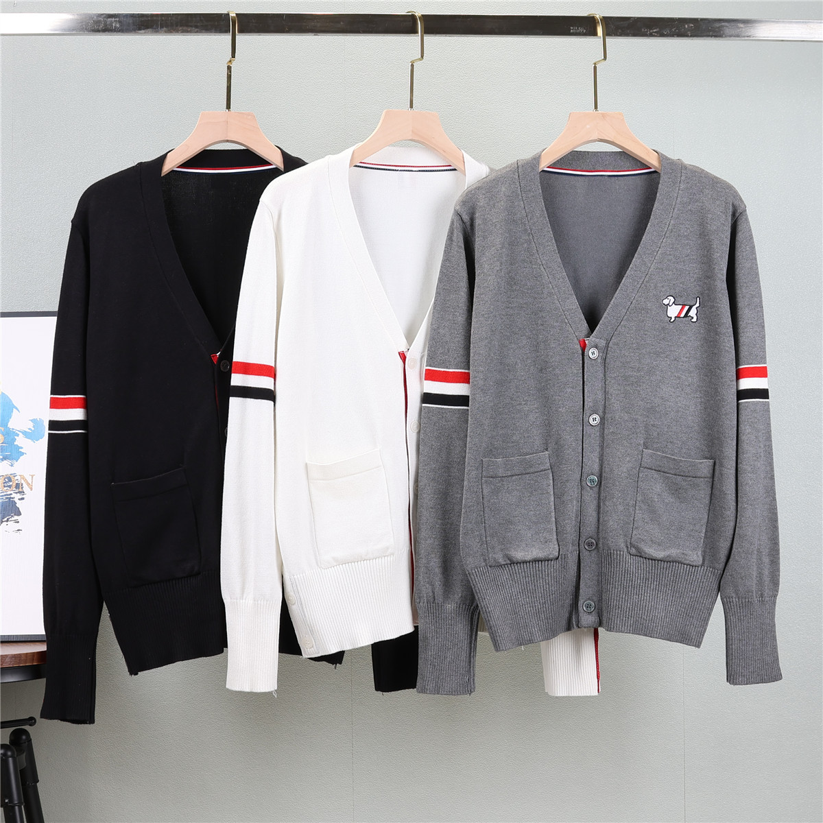 Tb Knitted Cardigan Jacket for Women, Spring and Autumn V-Neck Sweater, Striped Long-Sleeve Loose Outerwear, European Style College Fashion Top